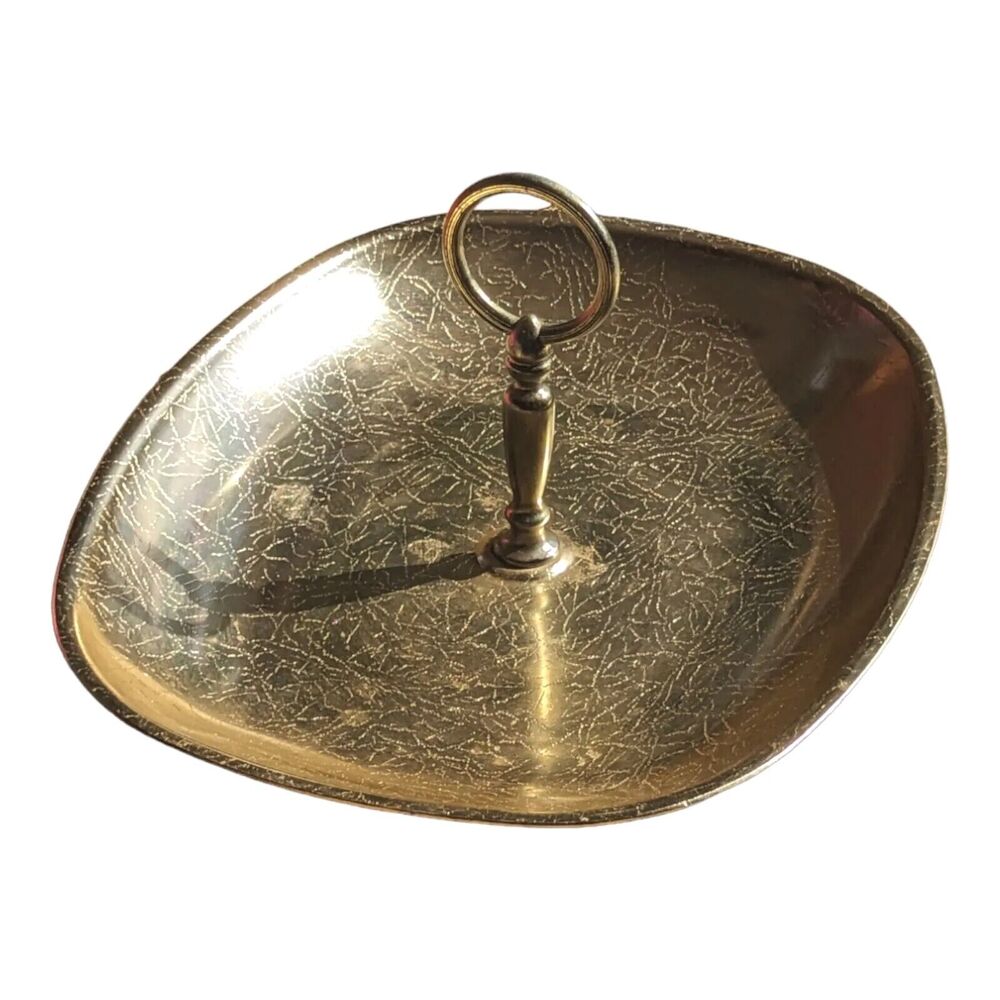 VTG MCM Oblong Gold Serving Tray w Handle Textured Aluminum Appetizers Desserts